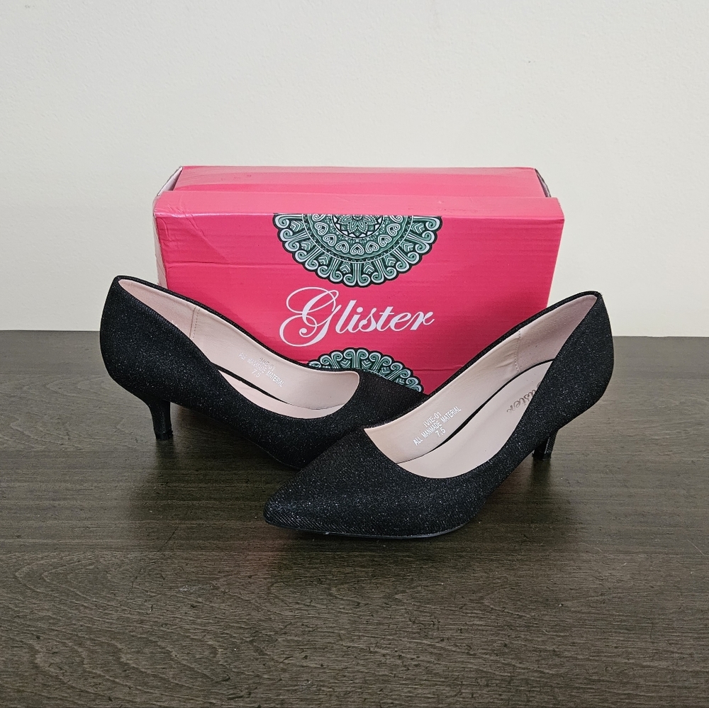 Glister Women's Black Glitter Kitten Heels